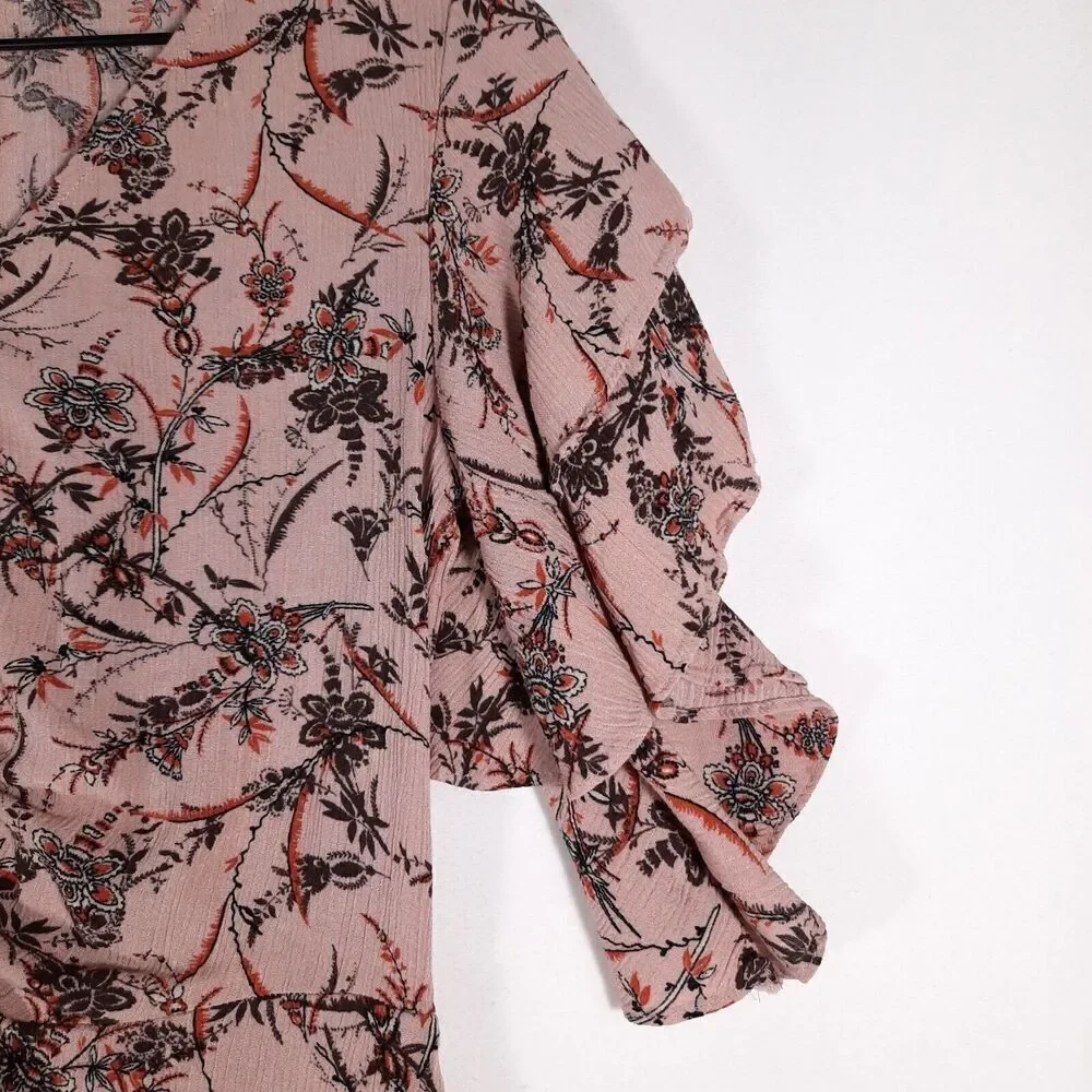 Maurice's Ruched Front Romantic Boho Gauzy Peplum Blouse Pink Floral Size Small - Picture 6 of 12